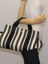 Hermes Black & White Stripe Canvas Tote Bag