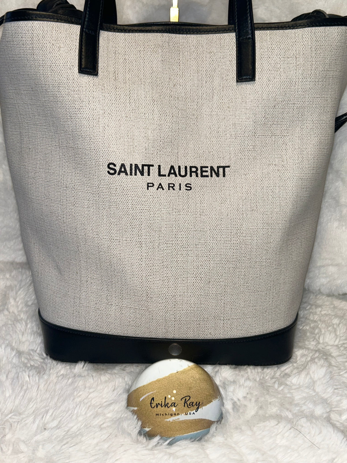YSL Teddy Drawstring Canvas Tote