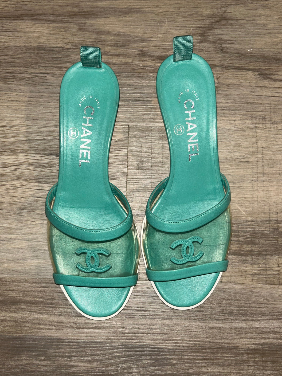 Chanel Turquoise Leather PVC Canvas Sandals